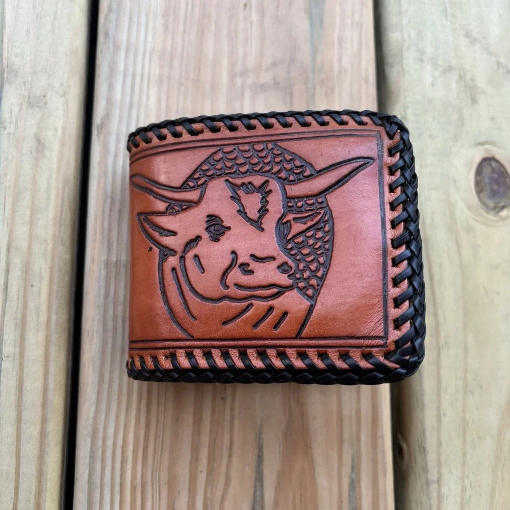 Vintage Bifold Leather Wallet Hand Tooled Western Cowboy Cow Cattle Whipstitch
